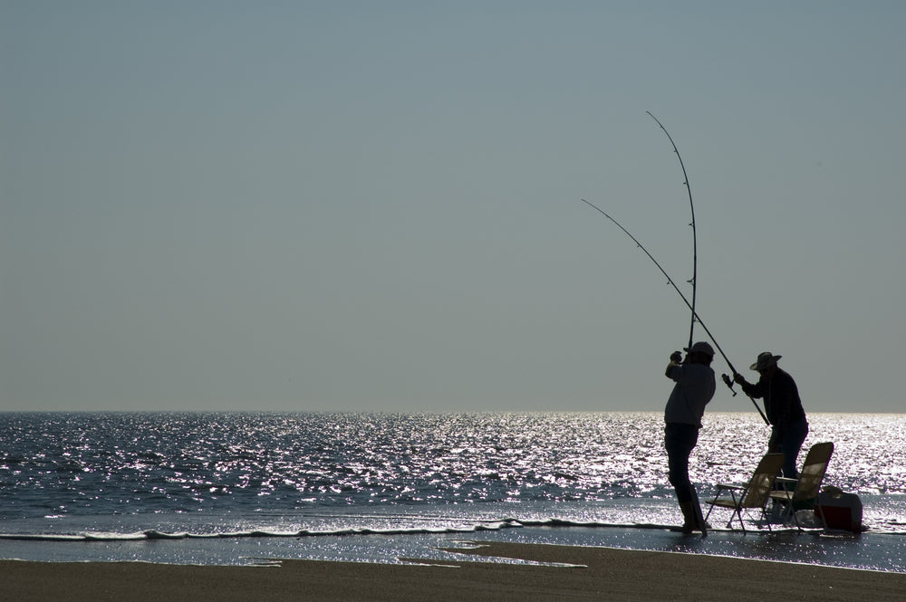 Two people surf fishing in Delaware.